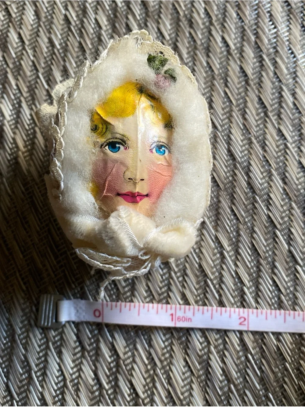 Antique German Spun Cotton Christmas Ornament Paper Scrap Face Red Crepe Back